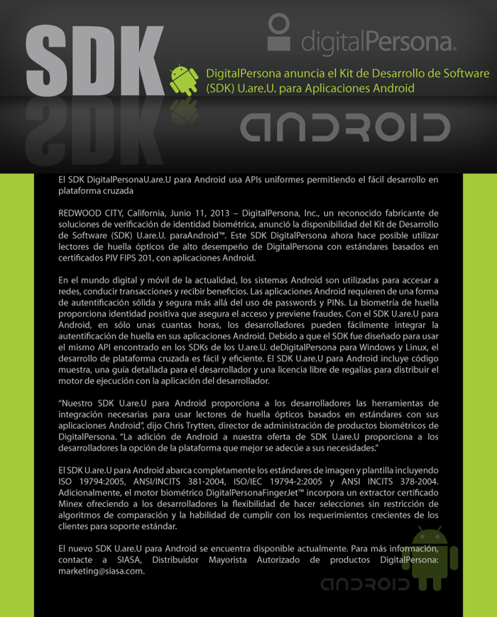 DigitalPersona presenta el nuevo Kit de Desarrollo de Software (SDK) U.are.U. para Android™